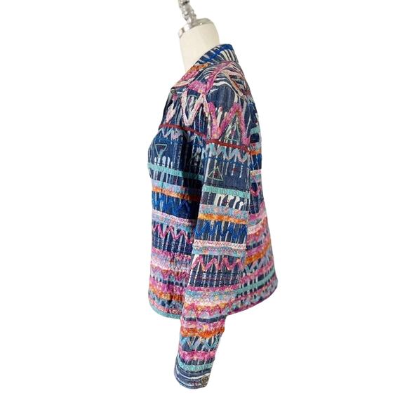 Vintage Chico’s Scrap Art Denim Jacket Multicolor Embroidery Medium (Size 1) - Picture 8 of 12